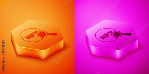 Isometric Search NFT icon isolated on orange and pink background. Non fungible token. Digital crypto art concept. Hexagon button. Vector