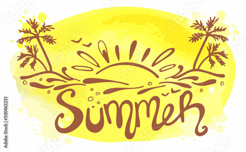 Hand drawn sunset  palm trees and lettering Summer on yellow background. Vector illustration. Perfect for greeting card  postcard  print  banner.