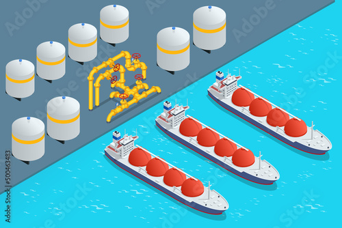 Isometric Tanker loading Liquefied Natural Gas at trading terminal. Transportation, delivery, transit of natural gas