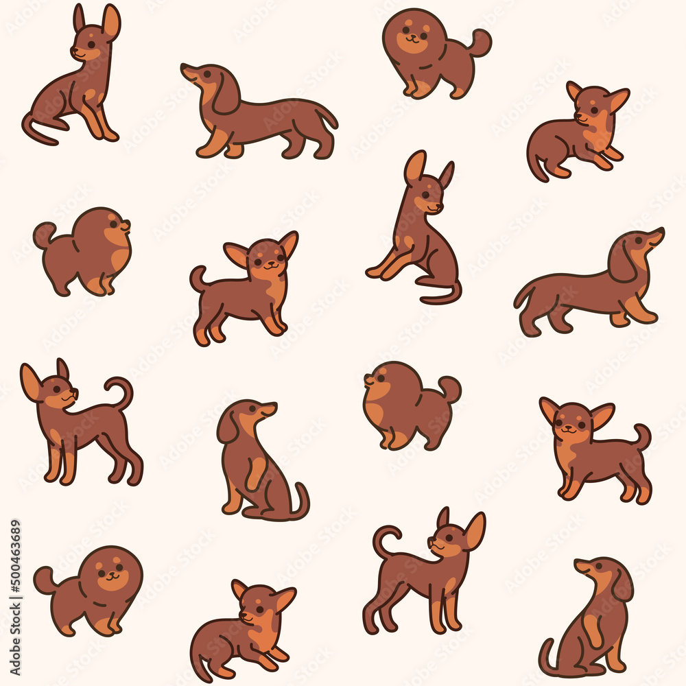 Fototapeta premium Simple trendy pattern with dogs. Vector print. Illustration of dachshund, spitz, chihuahua, toy terrier.