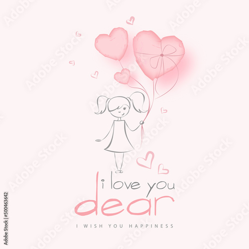I love you dear pink card with a girl holding hearts i wish you happiness