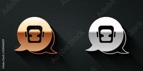 Gold and silver Boxing helmet icon isolated on black background. Long shadow style. Vector