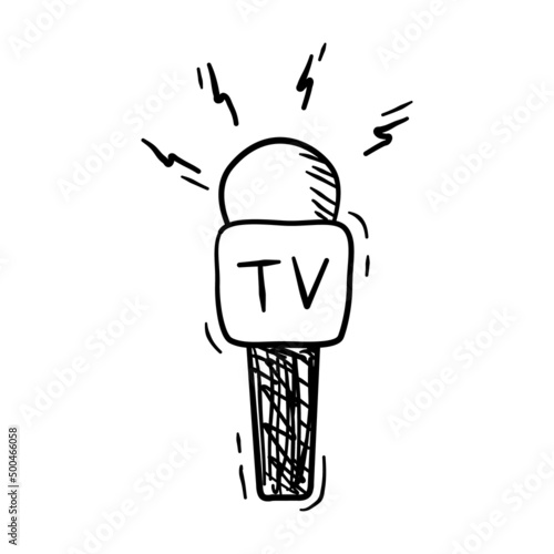 Vector illustration of microphone in doodle style on white background.