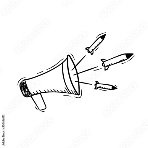 Vector illustration of rockets flying from public speaker in doodle style.