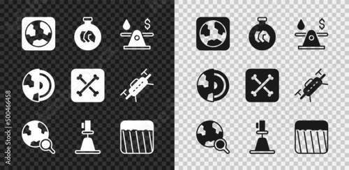 Set Earth globe, Exhibition with minerals, rocks, Oil money, Magnifying glass, Tacheometer, theodolite, Ground, core structure crust and Archeology icon. Vector