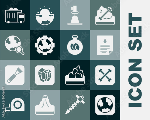 Set Earth globe, Archeology, Oil drop document, Tacheometer, theodolite, Gear wheels and earth, Magnifying glass with, Mining dump truck and Exhibition minerals, rocks icon. Vector