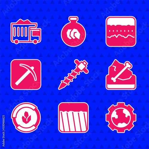 Set Construction jackhammer, Ground, Gear wheels and earth, Archeology, Soil analysis, Pickaxe, ground layers and Mining dump truck icon. Vector