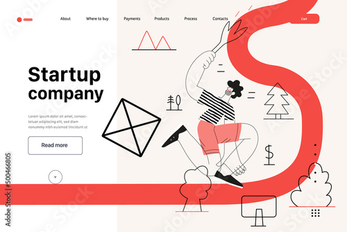 Startup illustration, website landing template Flat line vector modern concept illustration, startup metaphor. Concept of building new business, strategy, company processes. Startup company