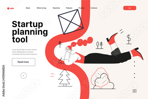 Startup illustration, website landing template Flat line vector modern concept illustration, startup metaphor. Concept of building new business, strategy, company processes. Startup planning tool