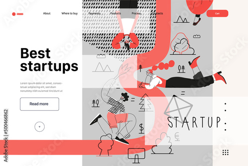 Startup illustration, website landing template Flat line vector modern concept illustration, startup metaphor. Concept of building new business, strategy, company processes. Best startups