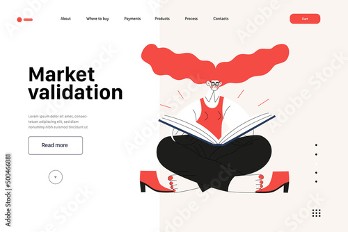 Startup illustration, website landing template Flat line vector modern concept illustration, startup metaphor. Concept of building new business, strategy, company processes. Market validation