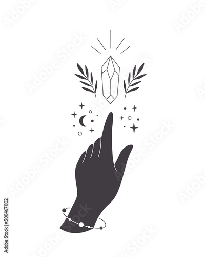 Hand with celestial mystical symbols. Mystical, esoteric or healing crystal with leaves. Linear art. Editable strokes. Vector illustration