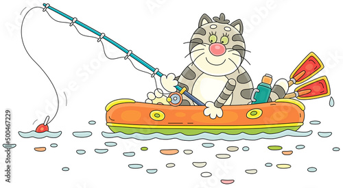Funny grey-striped cat fisherman sitting in an inflatable boat with a fishing-rod on a small lake in countryside on summer vacation, vector cartoon illustration isolated on a white background