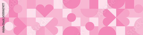 Seamless pink background for Mother's Day card template. Trendy geometric shapes with circles and hearts in retro style for Valentine's Day cover.