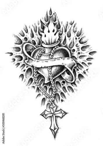 Photography heart with rosary and fire