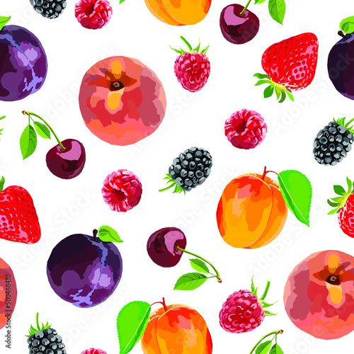 Fototapeta Naklejka Na Ścianę i Meble -  Fruits and berries vector seamless pattern. Apricot, peach, strawberry. cherry, plum, blackberry and raspberry