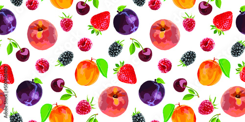 Fototapeta Naklejka Na Ścianę i Meble -  Fruits and berries vector seamless pattern. Apricot, peach, strawberry. cherry, plum, blackberry and raspberry