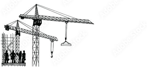 Construction cranes silhouette hand sketch vector. Workers on roofs. City. Construction, development, business, architecture or other concept illustration or background.