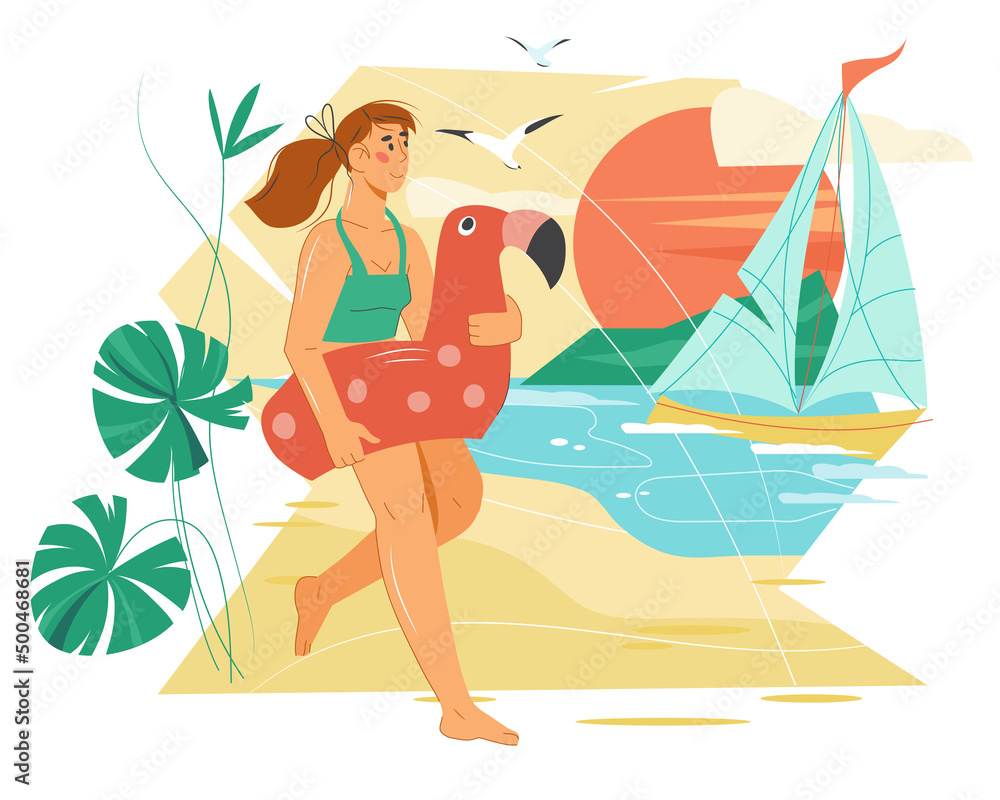 Summer beach vacation banner with woman going to swim, flat vector isolated.