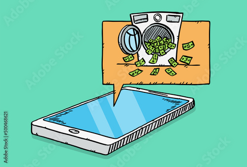 Colorful doodle of money laundering showing on cloud from smartphone screen. Hand drawn vector illustration.