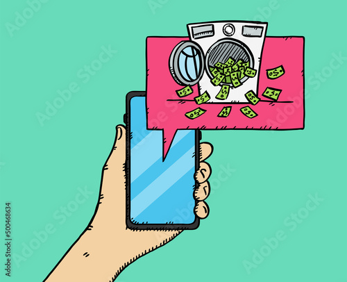 Vector doodle of a hand holding a phone with money laundering on screen. Sketch style illustration.