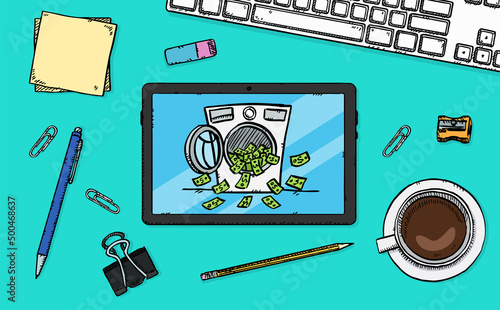 Colorful doodle of tablet lying on the office desk, with money laundering on screen. Hand drawn vector illustration.