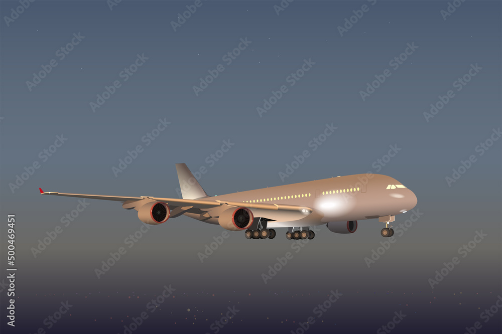 Fototapeta premium Passenger plane flies in the night sky. Vector.