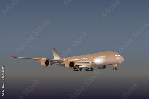 Passenger plane flies in the night sky. Vector.