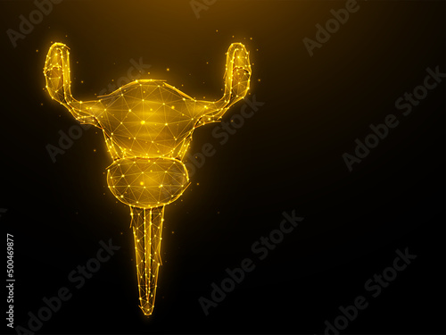 Abstract polygonal uterus illustration on dark background. Female reproductive organ low poly design. Medical banner, template or background.