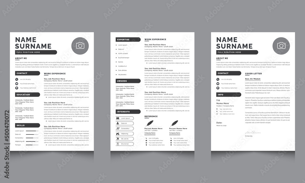 Professional Resume Set with Creative Resume Layout Templates Black Accents