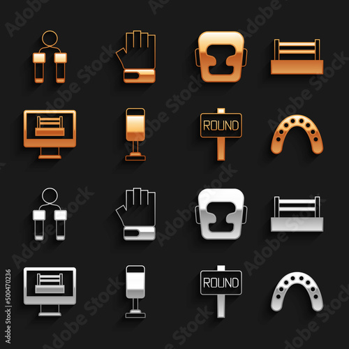 Set Punching bag, Boxing ring, Mouth guard boxer, board, helmet, Jump rope and MMA glove icon. Vector