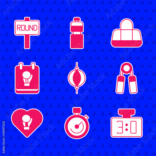 Set Punching bag, Stopwatch, Sport mechanical scoreboard, expander, Boxing glove, and ring icon. Vector