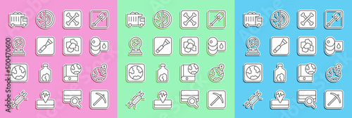Set line Pickaxe, Location on the globe, Barrel oil, Archeology, Paint brush, Exhibition with minerals, rocks, Mining dump truck and Gold nugget icon. Vector
