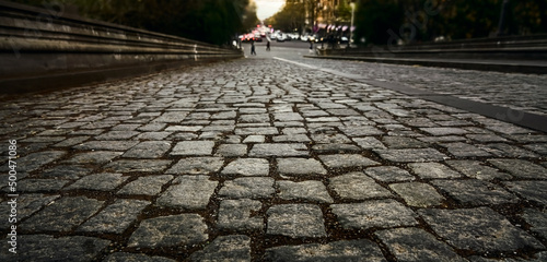 Canvastavla gray stone road surface, cobbled road, cobble background