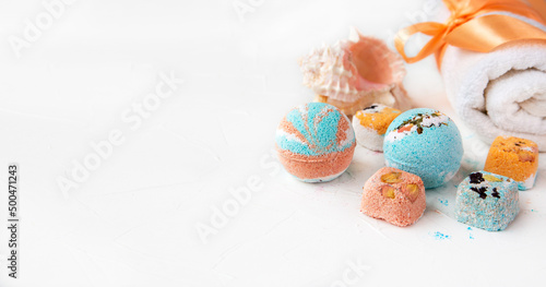 Bath bombs and aromatic bath salts made from natural ingredients. Skin care, wellness, SPA