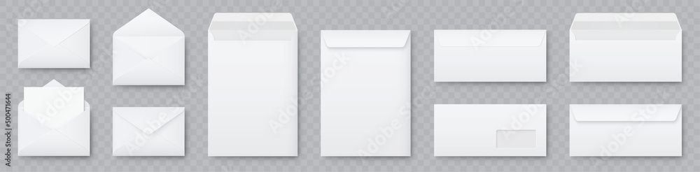 Realistic white envelopes mockup collection. A6 C6, A5 C5, A4 C4, A5 C5, A3 C3, and DL set. Folded and unfolded envelope mock up - stock vector. - obrazy, fototapety, plakaty 