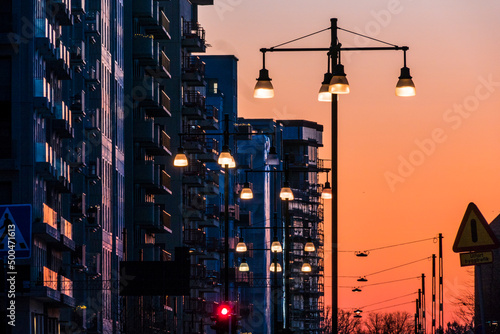 Photography Stockholm, Sweden  Street lamps and towers at dawn on Torsgatan in the Vasastan district