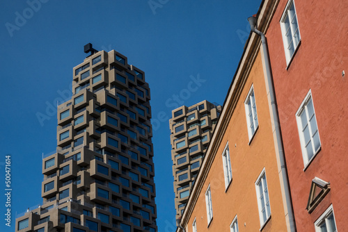 Canvas Print Stockholm, Sweden April 2, 2022 The new Norra Tornen residential building contrasts  with older more tradiotinal architecture