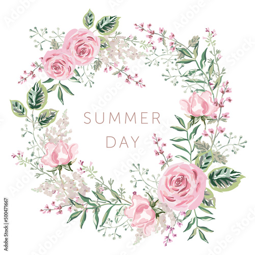 Summer wreath of pink rose flowers, green leaves, white background. Wedding invitation round frame. Vector illustration. Floral arrangement with text. Design template greeting card