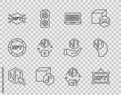 Set line NFT Digital crypto art, Binary code, and icon. Vector