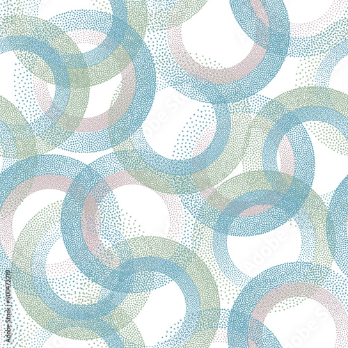 Circle ring shapes of dots contemporary vector seamless pattern.