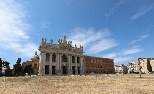 Rome, RM, Italy - August 17, 2020: Basilica of Saint John called San Giovanni in Laterano and the empty square where many concerts take place photo