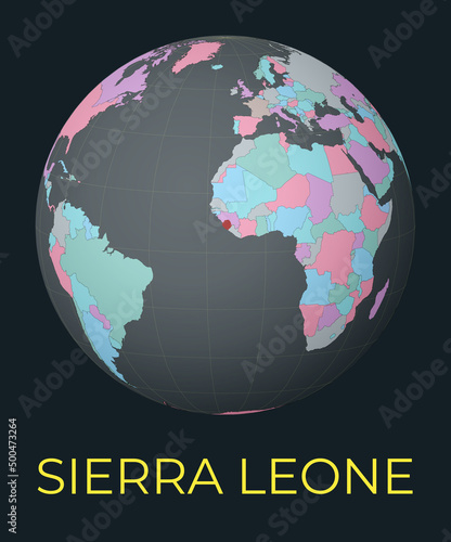 World map centered to Sierra Leone. Red country highlighted. Satellite world view centered to country with name. Vector Illustration.