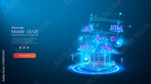 Program code and programming languages on blue glowing background. Abstract technological experience of software developer and a computer script. Page template on topic of programming and development.