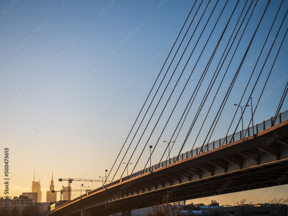 Warsaw, Poland - December 2021: View of the Świętokrzyski Bridge, Cable-stayed road bridge, View of the city