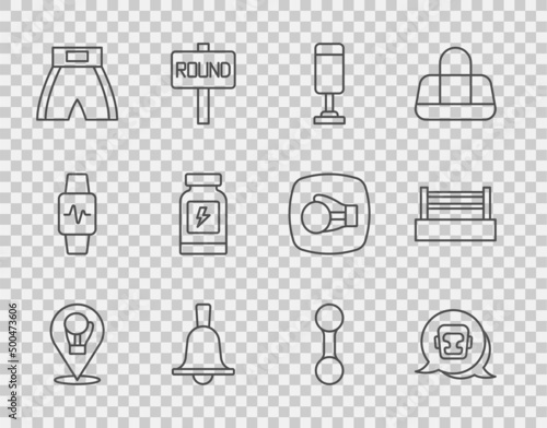 Set line Boxing glove, helmet, Punching bag, bell, short, Energy drink, Dumbbell and ring icon. Vector
