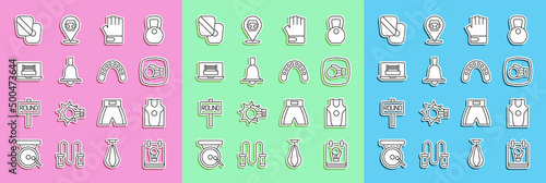 Set line Boxing glove, jersey and t-shirt, MMA, bell, ring, training paws and Mouth guard boxer icon. Vector