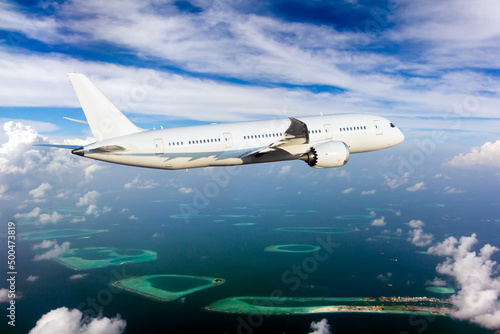 Fotografie, Tablou The passenger plane flies high above the Maldive atolls.