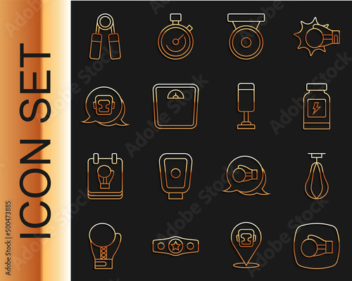 Set line Boxing glove, Punching bag, Energy drink, gong, Bathroom scales, helmet, Sport expander and icon. Vector