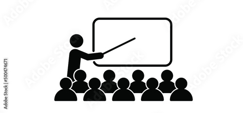 Cartoon stickman business or teacher represented by presentation. Stick figure man or businessman pointing at a board. Training class, meeting presentation icon or pictogram. students, study idea.